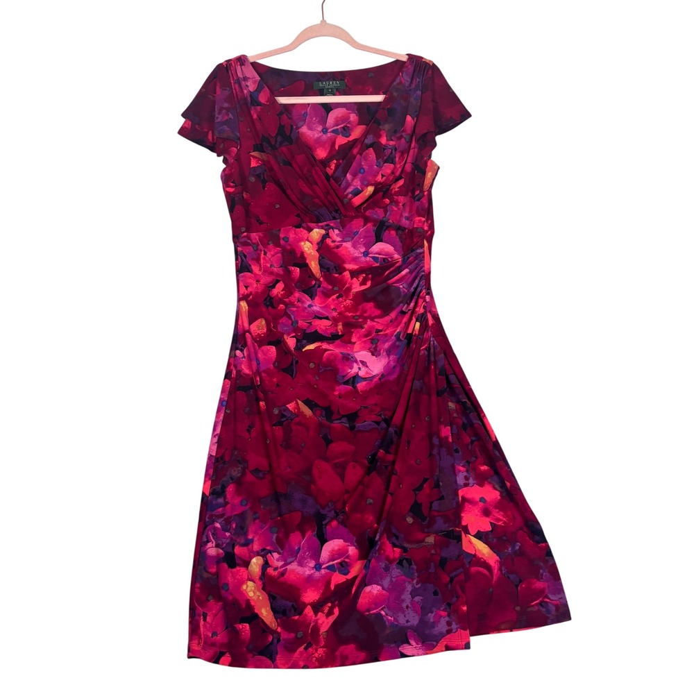 Lauren Ralph Lauren Sheath Dress Women 10 Pink Red faux wrap V-Neck floral